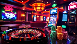 Experience thrilling gameplay at 123b casino with vibrant poker chips and a roulette wheel.