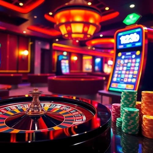 Experience thrilling gameplay at 123b casino with vibrant poker chips and a roulette wheel.