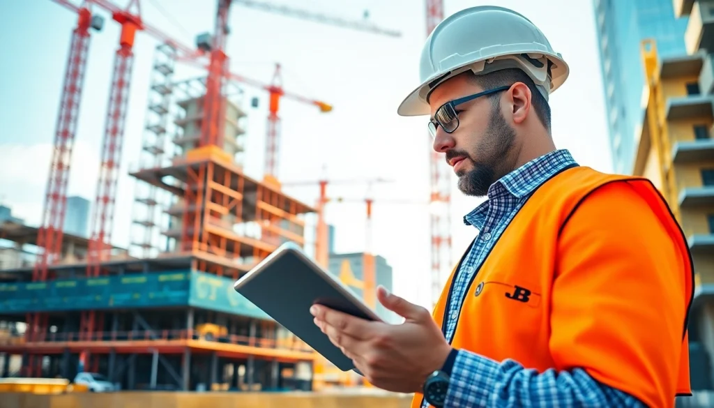 New York City Construction Manager reviewing blueprints on a busy construction site.