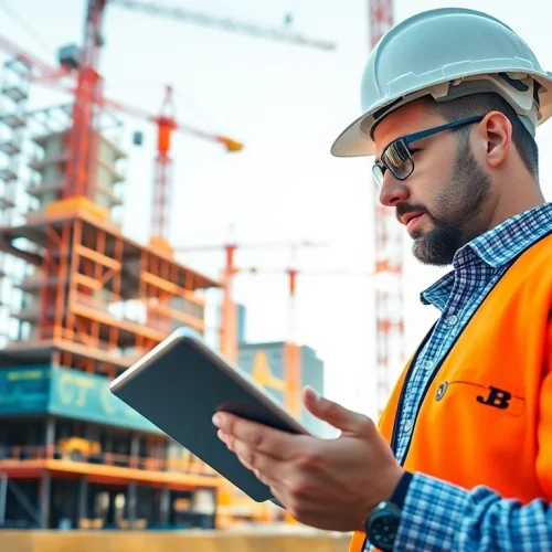 New York City Construction Manager reviewing blueprints on a busy construction site.