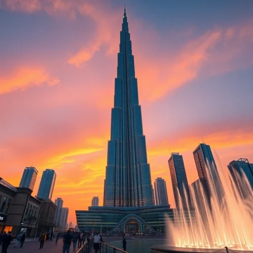 Stunning view of Dubai highest building, Burj Khalifa, at sunset highlighting its architectural beauty.