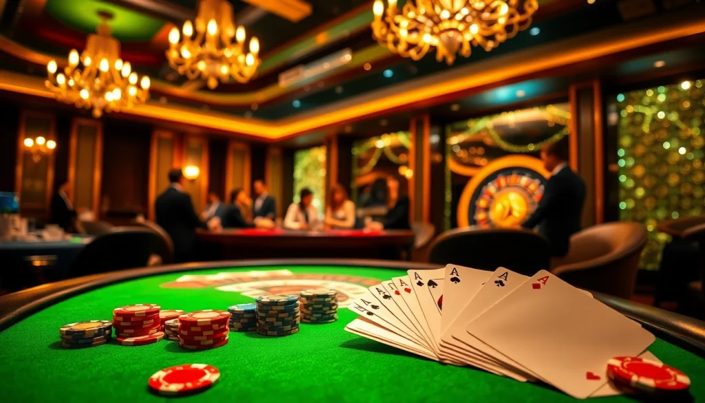 Exciting casino gameplay at 789club with poker chips and cards on a vibrant table.