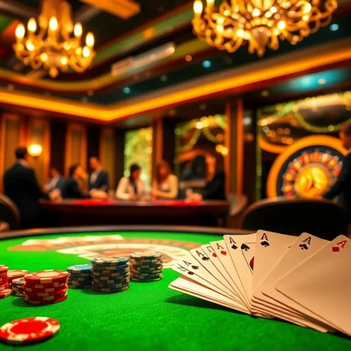 Exciting casino gameplay at 789club with poker chips and cards on a vibrant table.