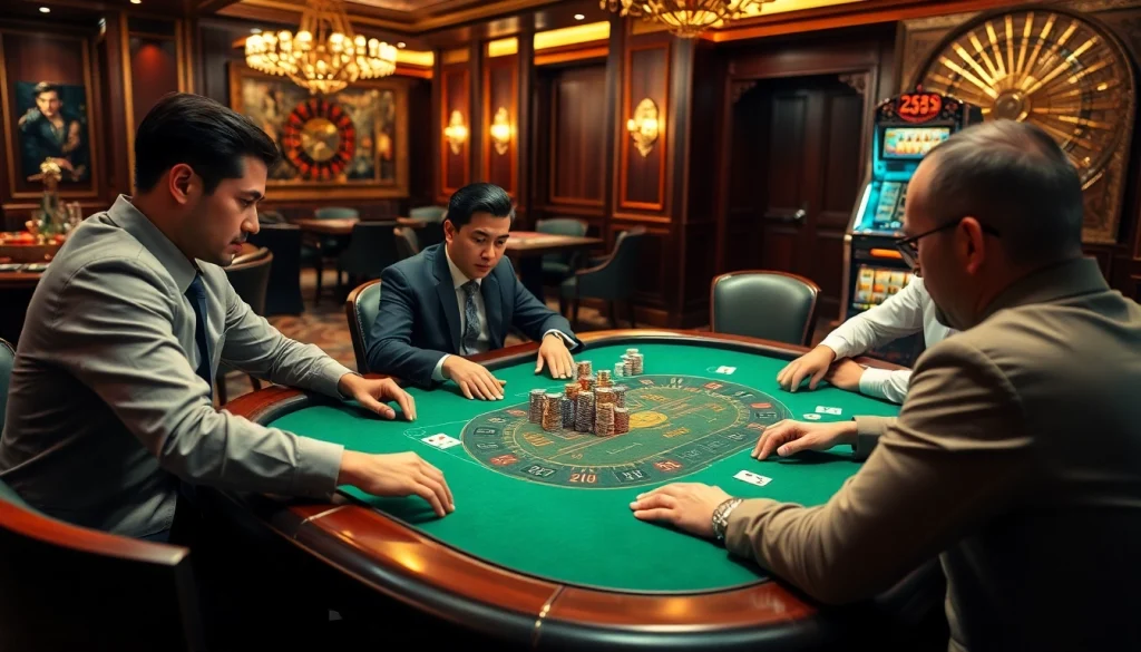 Experience the excitement at S8 casino with professional poker players around a high-stakes table.