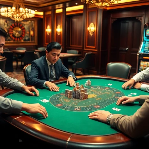 Experience the excitement at S8 casino with professional poker players around a high-stakes table.