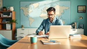 Complete the esta application with focus at a modern home office desk.