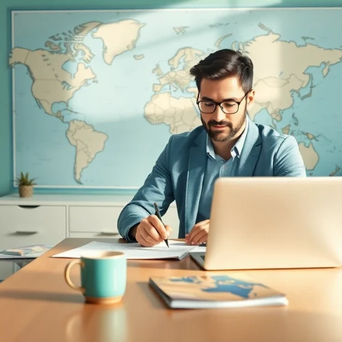 Complete the esta application with focus at a modern home office desk.
