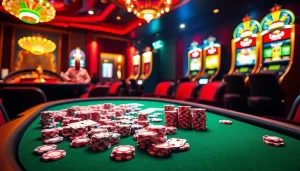 Players engaging at a vibrant UU88 poker table with cards and chips, showcasing casino excitement.