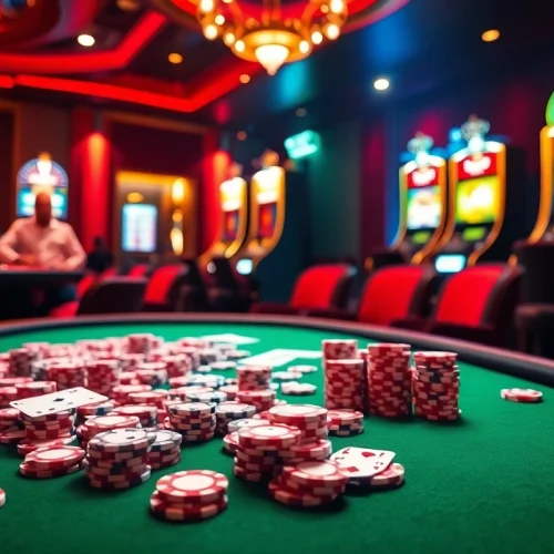 Players engaging at a vibrant UU88 poker table with cards and chips, showcasing casino excitement.