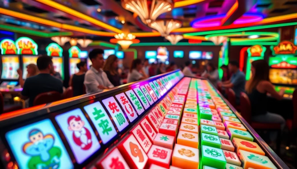 Mahjong slot machine with vibrant tiles and lively atmosphere di kasino.