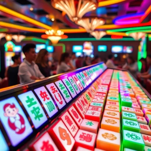 Mahjong slot machine with vibrant tiles and lively atmosphere di kasino.