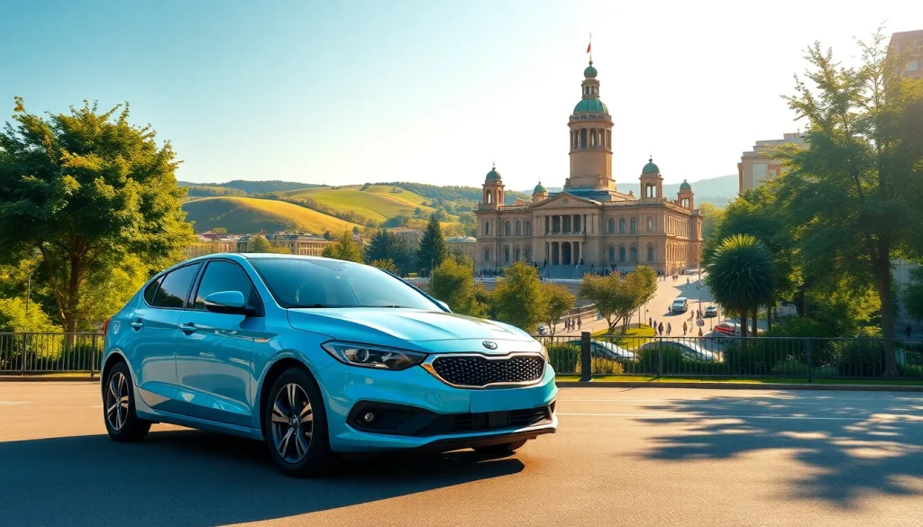 Rent a car Chisinau showcased with a scenic city landmark, inviting travelers to explore.