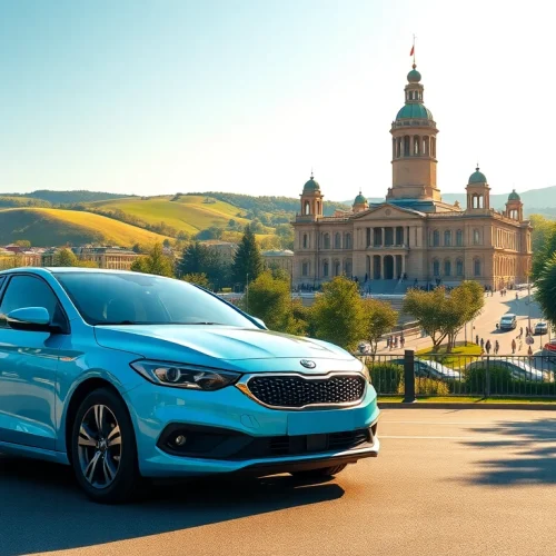 Rent a car Chisinau showcased with a scenic city landmark, inviting travelers to explore.