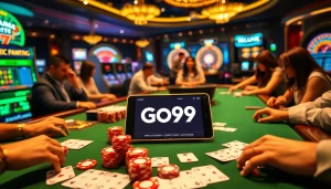 Experience the thrilling atmosphere of Nhà cái Go99 with players at a lively casino table.