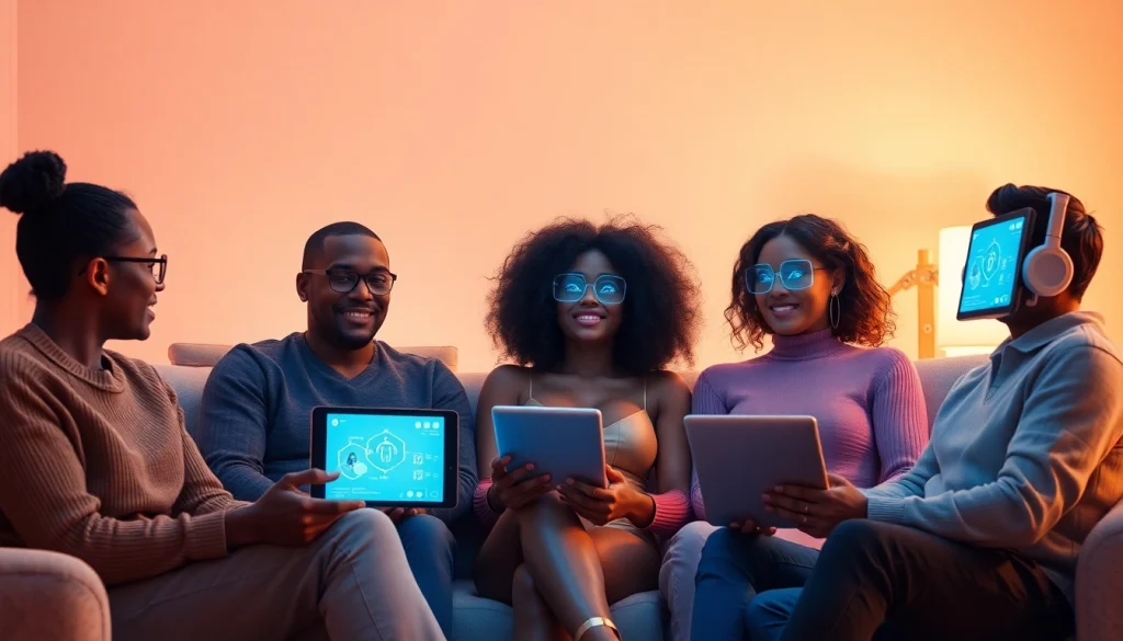 Diverse individuals interacting with AI chatbots in an intimate, futuristic setting, exploring sex AI.