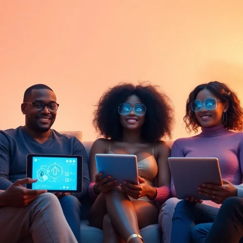 Diverse individuals interacting with AI chatbots in an intimate, futuristic setting, exploring sex AI.