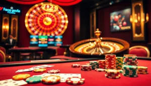 Vibrant casino scene showcasing nhà cái 789win's poker and roulette excitement.