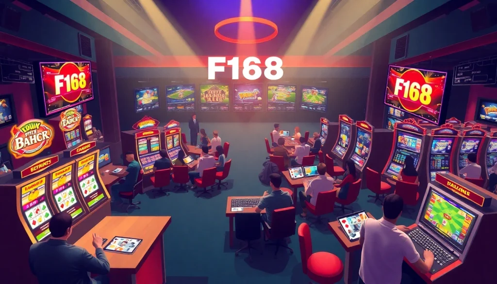 Exciting F168 online gambling scene with players enjoying poker, slots, and eSports in a vibrant casino environment.