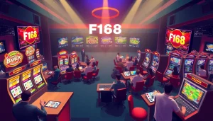 Exciting F168 online gambling scene with players enjoying poker, slots, and eSports in a vibrant casino environment.