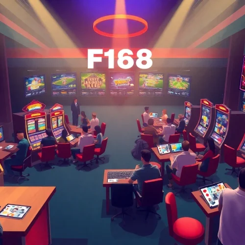 Exciting F168 online gambling scene with players enjoying poker, slots, and eSports in a vibrant casino environment.