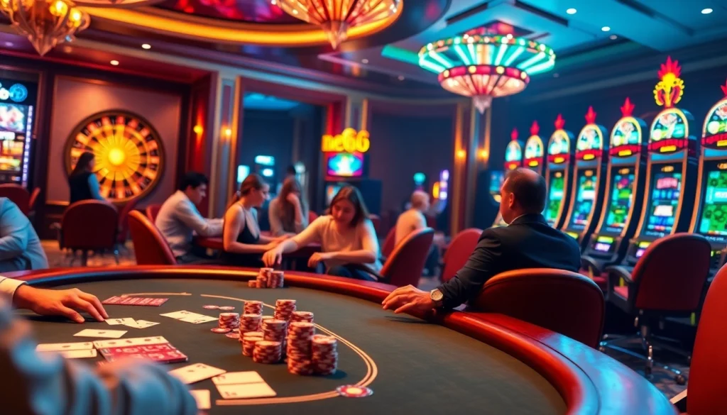 Experience thrilling gaming action with new66 at a luxurious casino table featuring poker chips and slot machines.