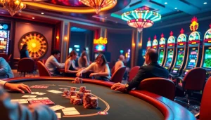 Experience thrilling gaming action with new66 at a luxurious casino table featuring poker chips and slot machines.