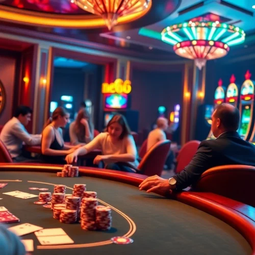 Experience thrilling gaming action with new66 at a luxurious casino table featuring poker chips and slot machines.