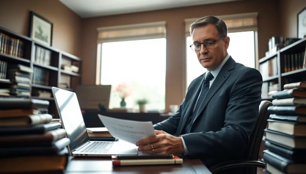 Engaged legal professional reviewing agriculture law documents in an office setting.