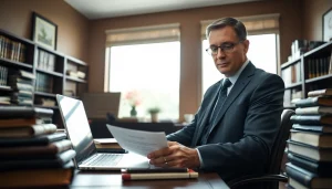 Engaged legal professional reviewing agriculture law documents in an office setting.