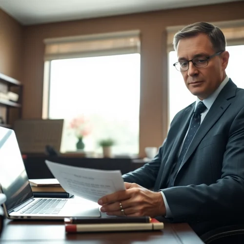 Engaged legal professional reviewing agriculture law documents in an office setting.