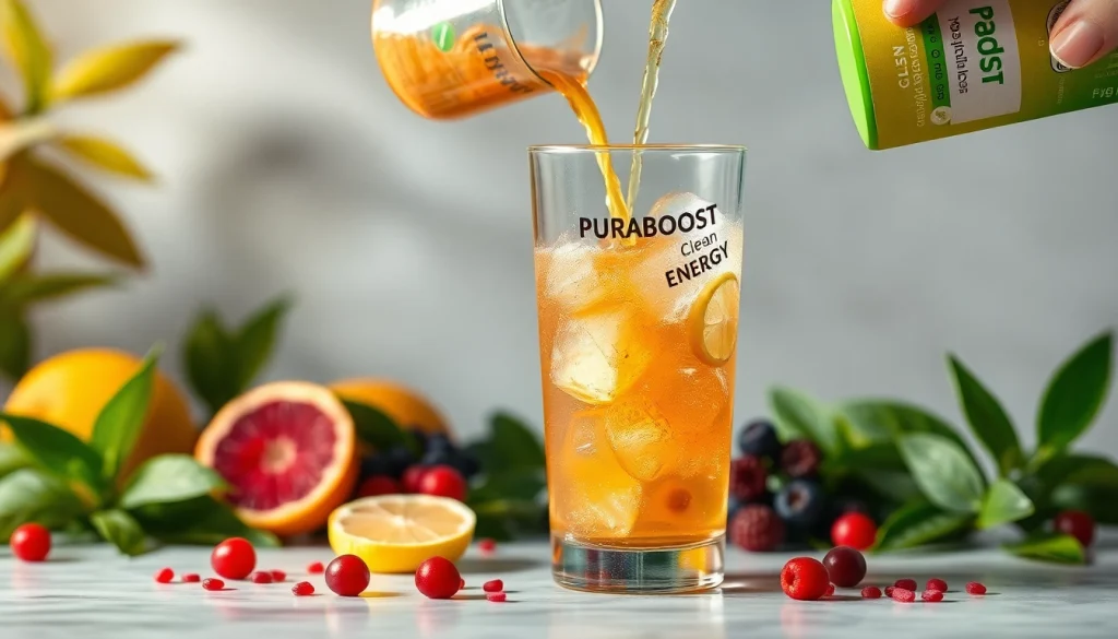 Puraboost energy drink mix with vibrant fruits and green tea leaves, conveying health and vitality.