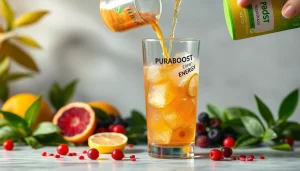 Puraboost energy drink mix with vibrant fruits and green tea leaves, conveying health and vitality.