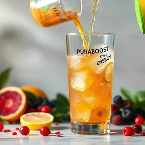 Puraboost energy drink mix with vibrant fruits and green tea leaves, conveying health and vitality.