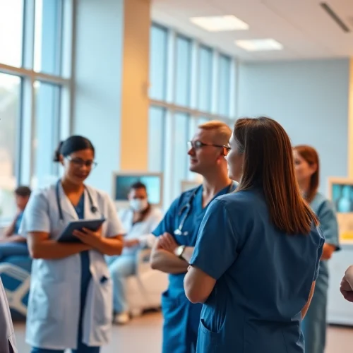 Engaging healthcare professionals from https://tweestedenziekenhuis.nl discussing patient care with compassionate teamwork.