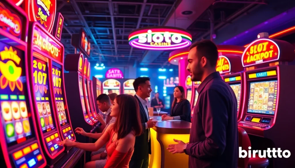 Adegan permainan slot online Birutoto yang menarik dengan pencahayaan yang cerah dan para pemain menikmati pengalaman tersebut.