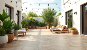 Carrelage extérieur élégant sur une terrasse extérieure chic entourée de verdure.