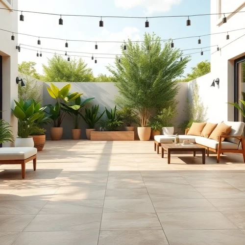 Carrelage extérieur élégant sur une terrasse extérieure chic entourée de verdure.