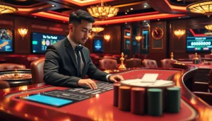 Toto togel lottery player strategizing in an elegant casino setting with gambling elements.