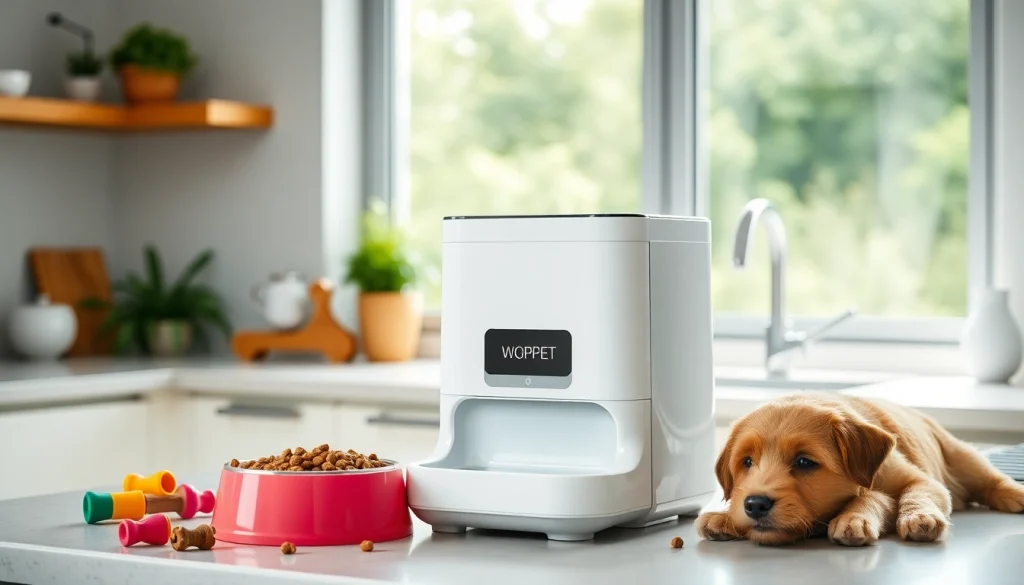 Handling WOPET automatic pet feeder in a bright kitchen, demonstrating its sleek design and pet-friendly features.