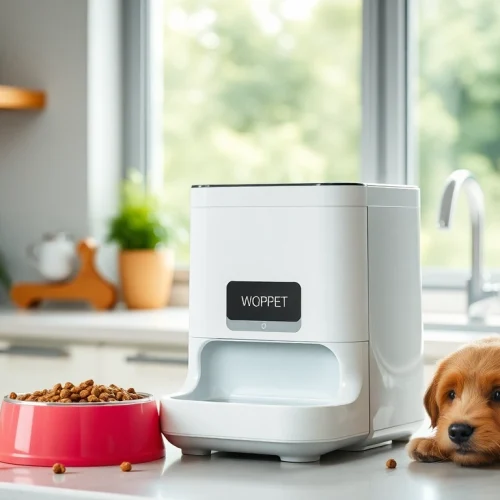 Handling WOPET automatic pet feeder in a bright kitchen, demonstrating its sleek design and pet-friendly features.