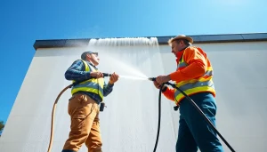Cena čiščenja fasade – prikazano s strokovno ekipo, ki čisti stavbo z visokotlačno opremo.