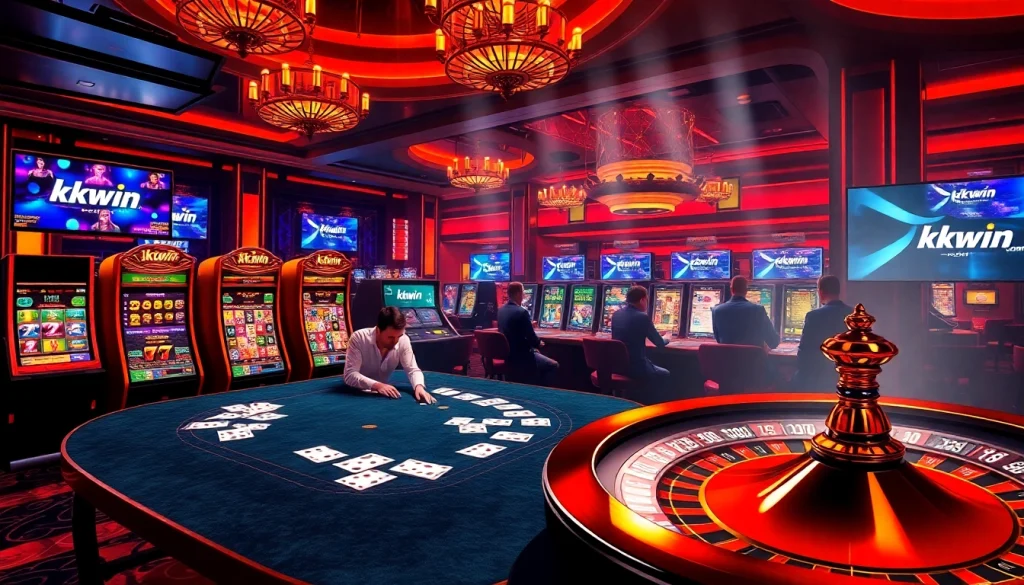 Exciting gambling scene at kkwin.com featuring high-stakes poker and colorful slot machines.