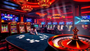 Exciting gambling scene at kkwin.com featuring high-stakes poker and colorful slot machines.