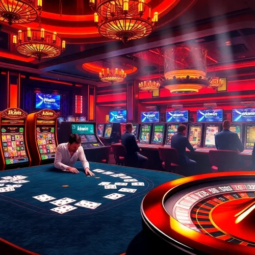 Exciting gambling scene at kkwin.com featuring high-stakes poker and colorful slot machines.