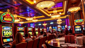 Exciting scene of slot bet 100 action in a luxurious casino setting with vibrant slot machines and players.