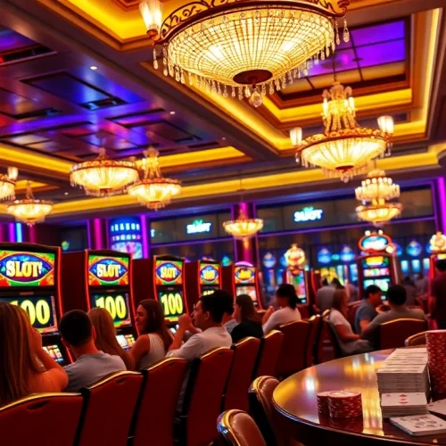 Exciting scene of slot bet 100 action in a luxurious casino setting with vibrant slot machines and players.