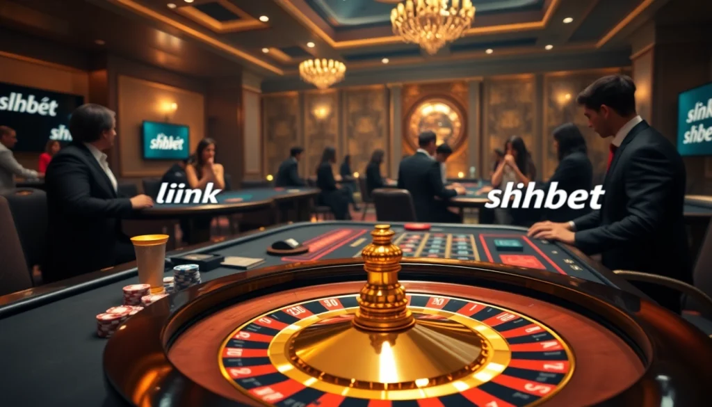 Players enjoying high-stakes gambling at a luxury casino showcasing link vào shbet options.
