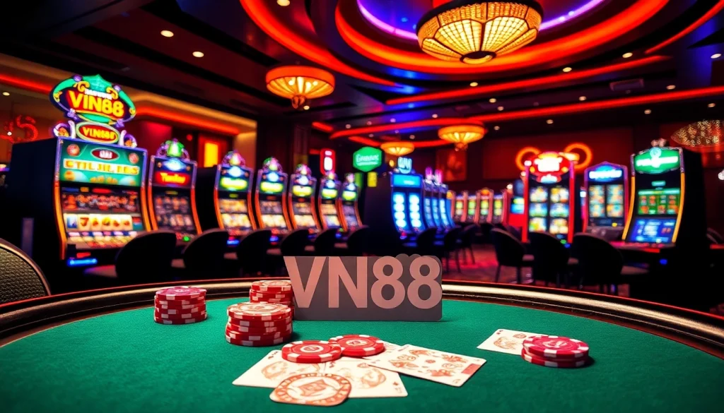 Players enjoying an exciting game at the VN88 branded poker table in a luxurious casino environment.
