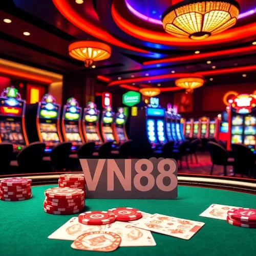 Players enjoying an exciting game at the VN88 branded poker table in a luxurious casino environment.