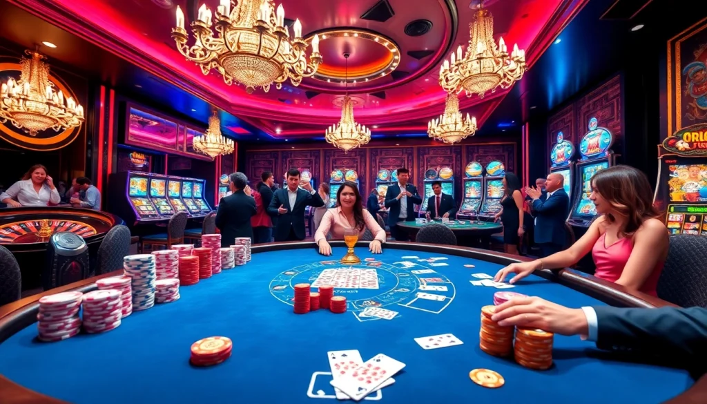 Experience the excitement of nhà cái 789p with vibrant casino scenes featuring poker, roulette, and slot machines.